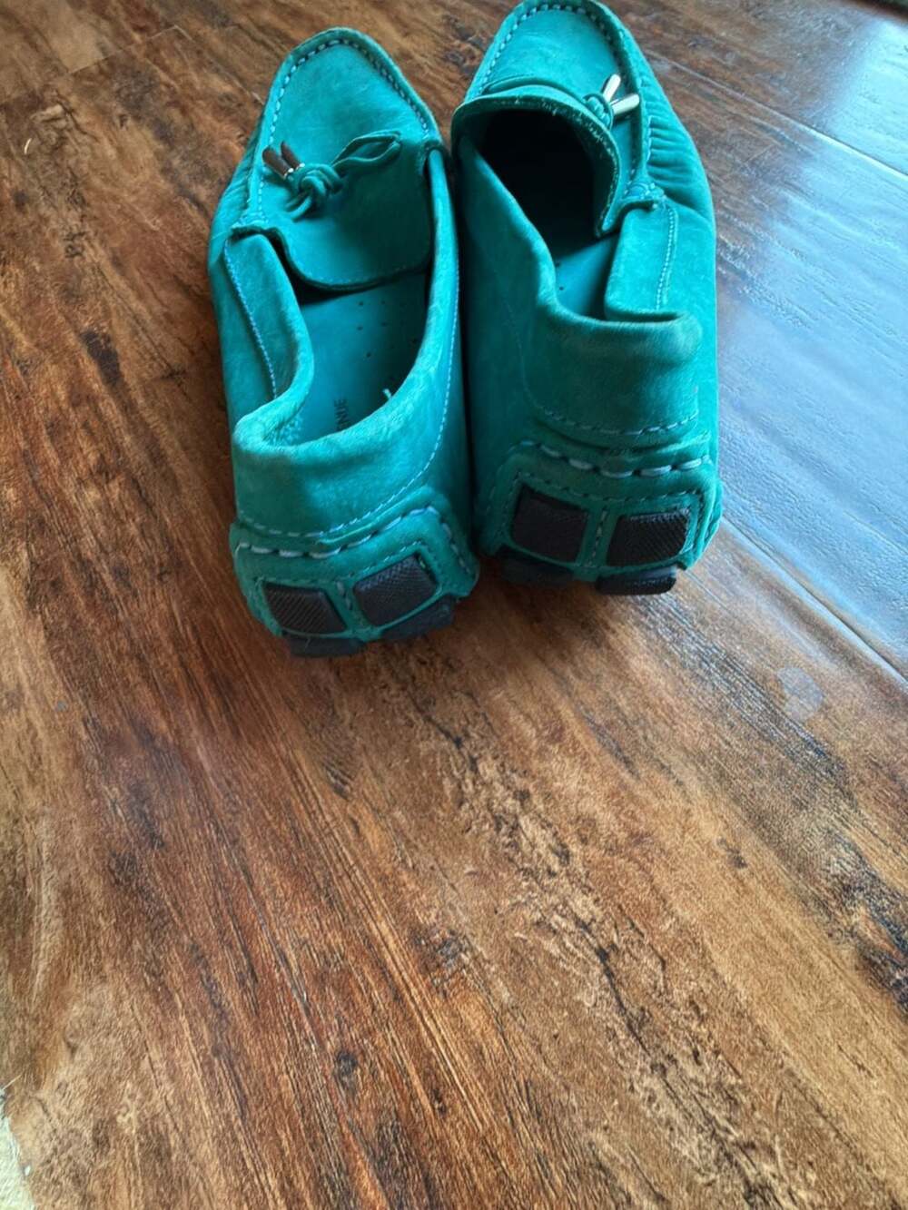 Saks Fifth Avenue Teal Green Suede Driving Moccasin Loafers with Bow Details - Picture 4 of 7